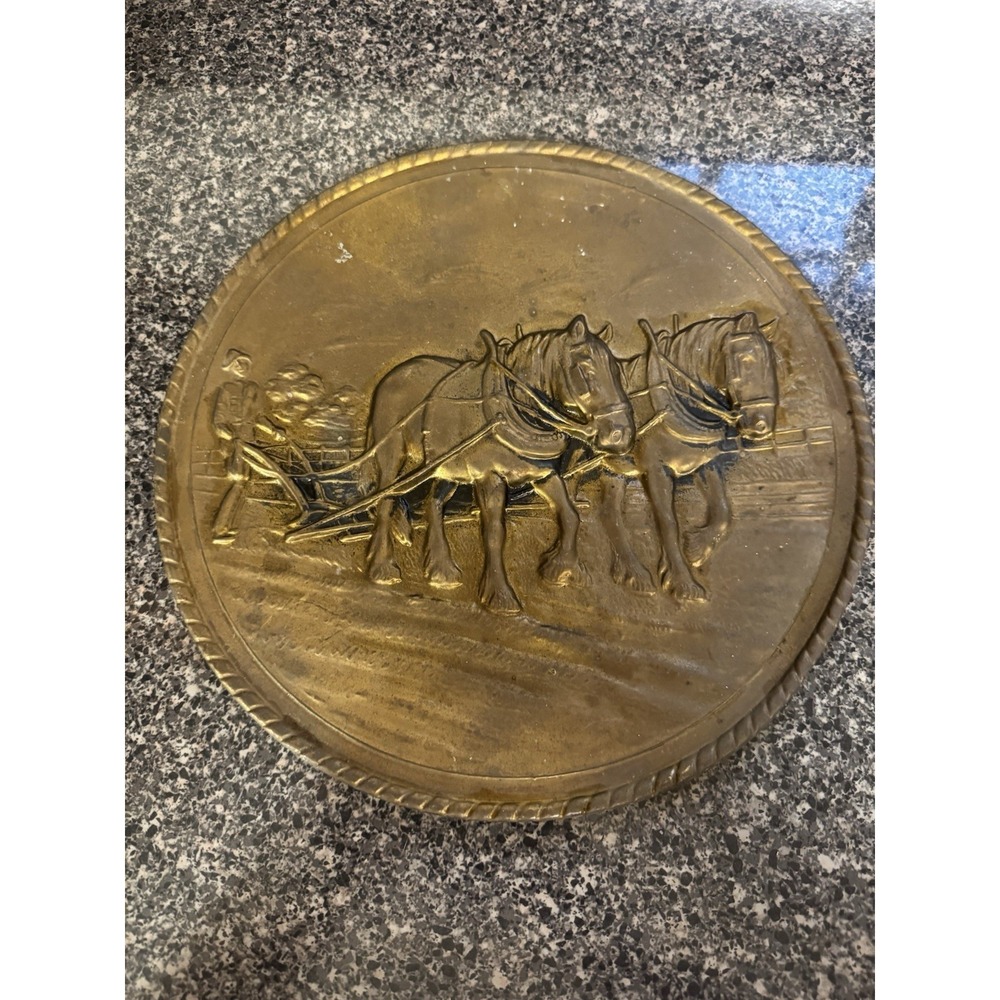Vintage Embossed Brass Wall Plate Decorative Plate Made in England Horse & Plow